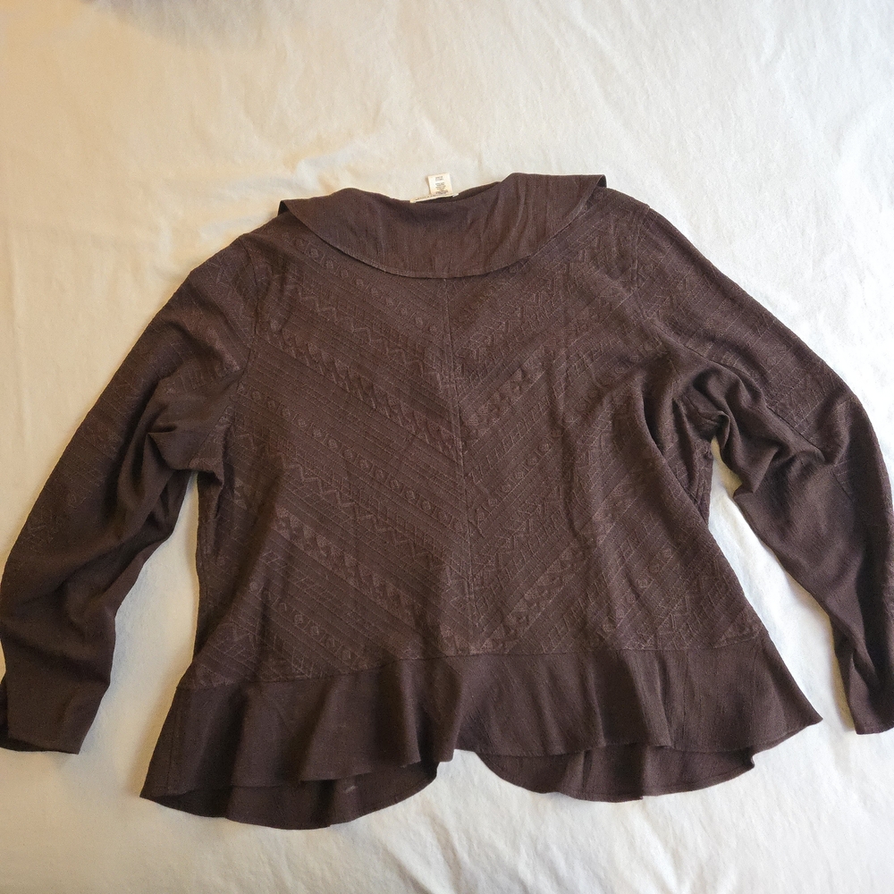 Coldwater Creek Walnut Brown Embroidered Peplum Button Up Blouse - Picture 12 of 13
